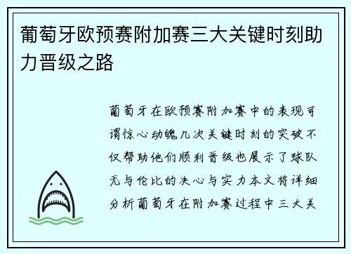 葡萄牙欧预赛附加赛三大关键时刻助力晋级之路 葡萄牙欧预赛附加赛三大关键时刻助力晋级之路